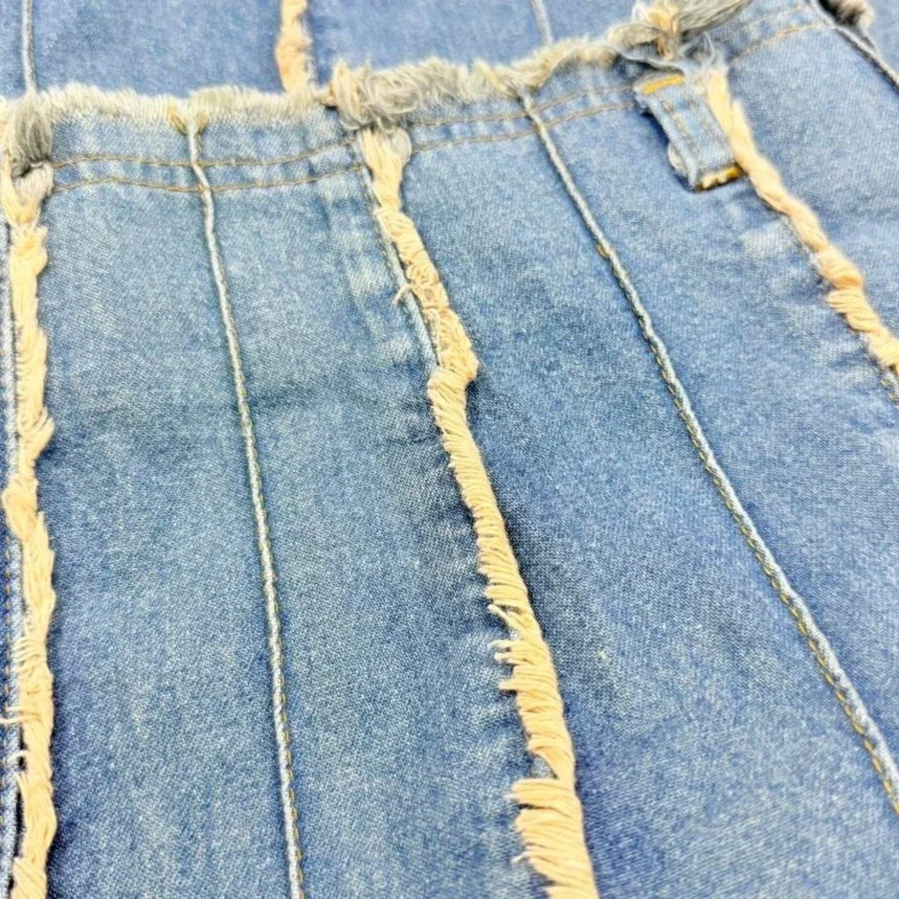 Fibbie Denim Midi Skirt Distressed Paneled Raw Hem Y2K‎ Low Rise Womens S